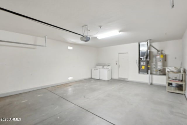 garage with separate washer and dryer, a garage door opener, heating unit, and water heater