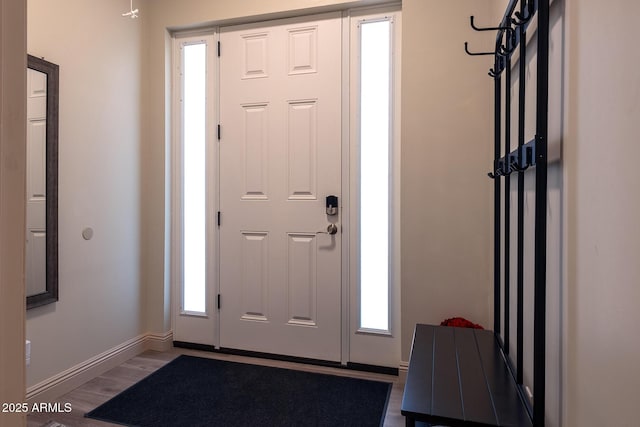 entrance foyer with plenty of natural light, baseboards, and wood finished floors