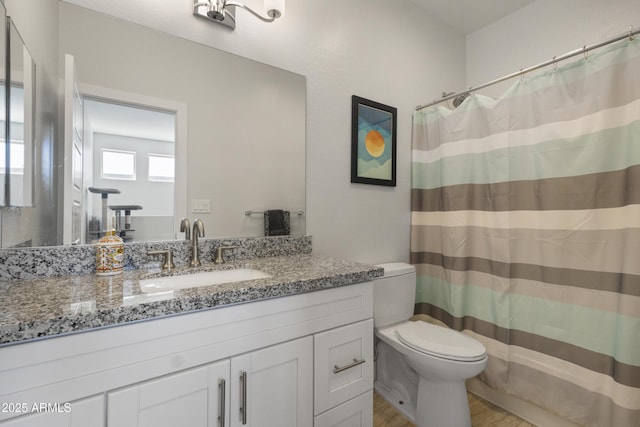 full bathroom featuring vanity, a shower with shower curtain, wood finished floors, and toilet