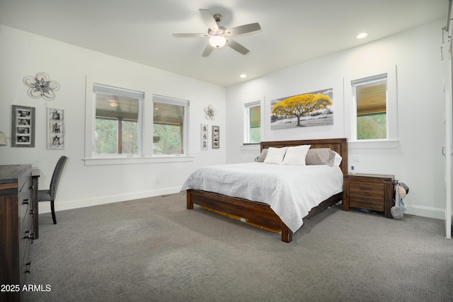 bedroom featuring recessed lighting, carpet flooring, and baseboards