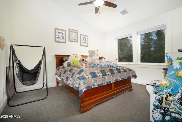 bedroom with baseboards, visible vents, a ceiling fan, lofted ceiling, and carpet flooring