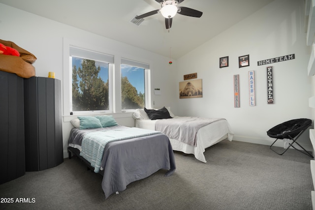 carpeted bedroom featuring lofted ceiling, baseboards, visible vents, and a ceiling fan