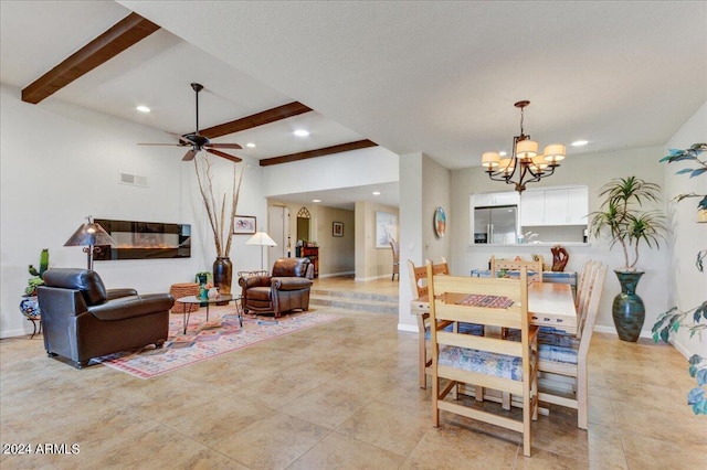 dining area featuring beamed ceiling, light tile patterned floors, and ceiling fan with notable chandelier