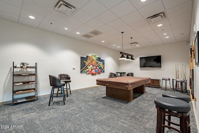 game room with billiards and dark colored carpet