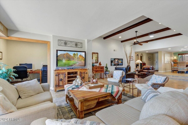 living room featuring ceiling fan and beam ceiling