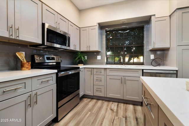 2110 W Navarro Ave, Mesa, AZ 85202 - kitchen with appliances with stainless steel finishes, gray cabinetry, light countertops, and light wood finished floors