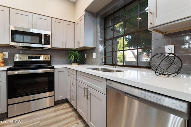 2110 W Navarro Ave, Mesa, AZ 85202 - kitchen featuring stainless steel appliances, light countertops, gray cabinetry, and backsplash