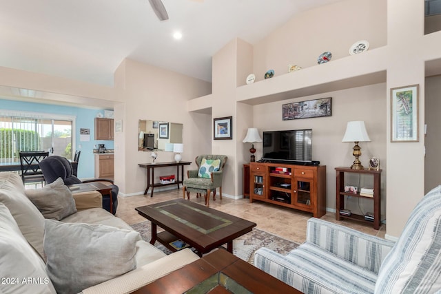 living room with vaulted ceiling and ceiling fan