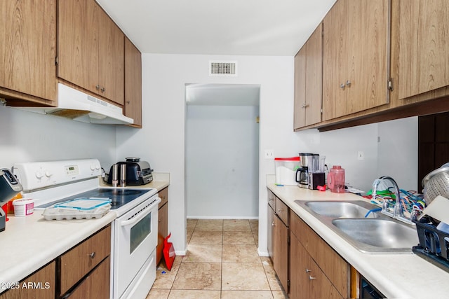 17851 N 40th St, Phoenix, AZ 85032 - kitchen featuring white electric range oven, under cabinet range hood, a sink, and light countertops