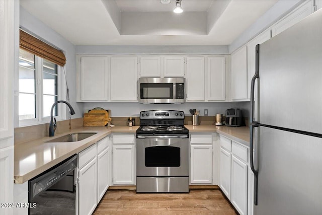 kitchen featuring white cabinets, appliances with stainless steel finishes, a tray ceiling, and sink