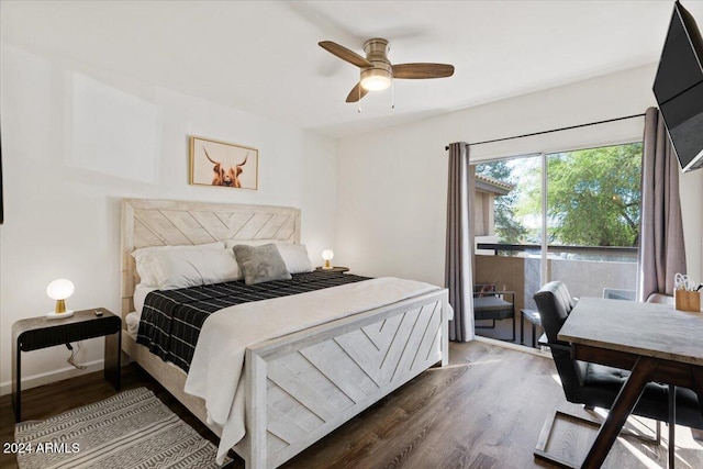 bedroom with access to outside, hardwood / wood-style flooring, and ceiling fan