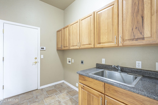 laundry area with electric dryer hookup, a sink, cabinet space, baseboards, and hookup for a washing machine