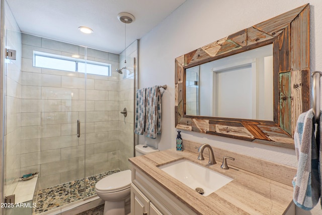 bathroom featuring toilet, a stall shower, and vanity