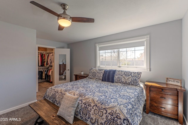 carpeted bedroom with baseboards, a ceiling fan, a walk in closet, and a closet