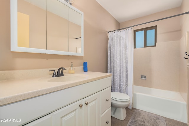 full bathroom featuring shower / tub combo with curtain, vanity, tile patterned floors, and toilet