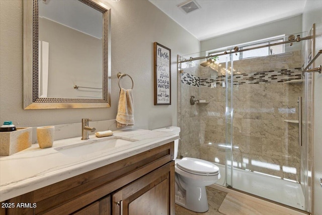 bathroom featuring visible vents, vanity, toilet, and a shower stall