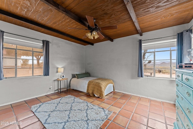 unfurnished bedroom with beam ceiling, tile patterned floors, and wooden ceiling