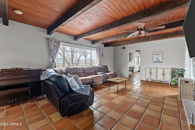 tiled living room with beam ceiling, wood ceiling, and ceiling fan