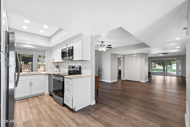 347 Leisure World, Mesa, AZ 85206 - kitchen featuring stainless steel appliances, a ceiling fan, open floor plan, baseboards, and wood finished floors