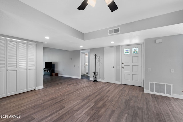 347 Leisure World, Mesa, AZ 85206 - unfurnished living room featuring a ceiling fan, wood finished floors, recessed lighting, and baseboards