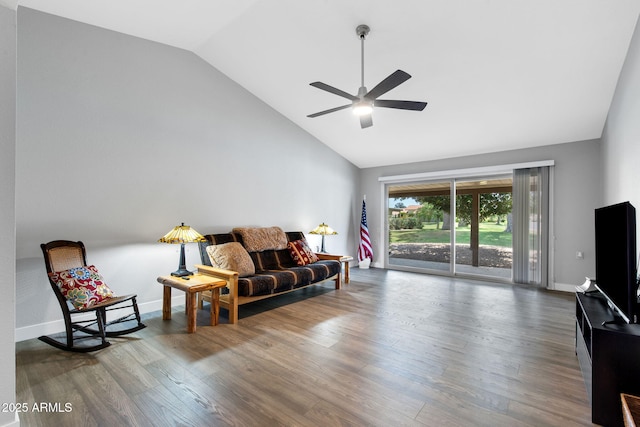 347 Leisure World, Mesa, AZ 85206 - living area with a ceiling fan, wood finished floors, high vaulted ceiling, and baseboards