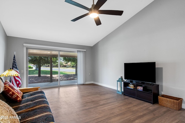 347 Leisure World, Mesa, AZ 85206 - living room with wood finished floors, a ceiling fan, high vaulted ceiling, and baseboards