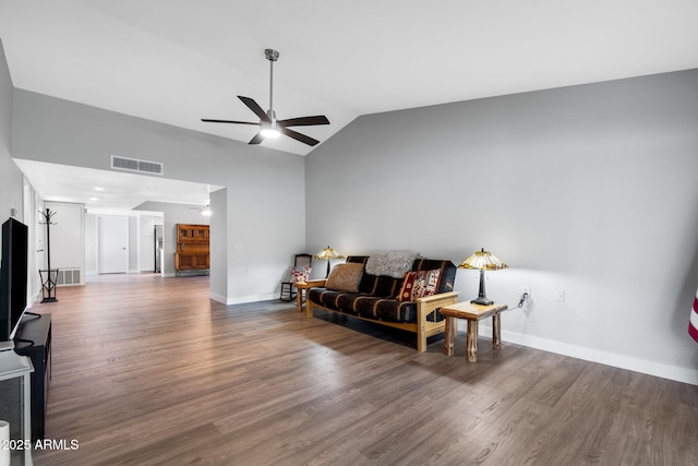 347 Leisure World, Mesa, AZ 85206 - sitting room featuring a ceiling fan, vaulted ceiling, wood finished floors, and baseboards