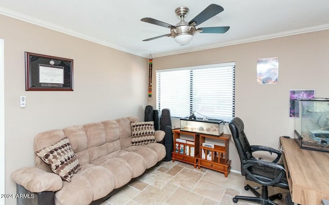 home office with ceiling fan and crown molding