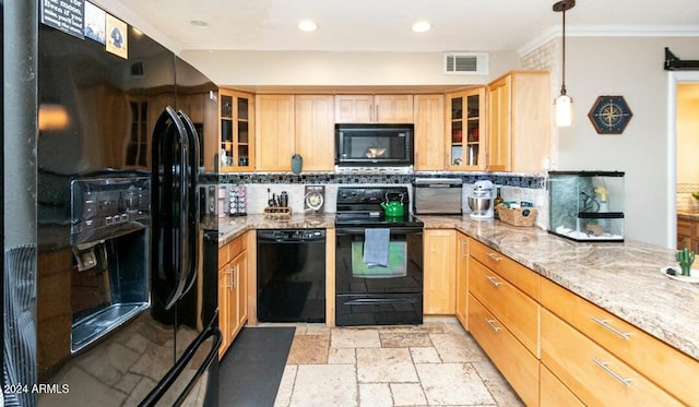 kitchen with light stone counters, crown molding, decorative light fixtures, decorative backsplash, and black appliances