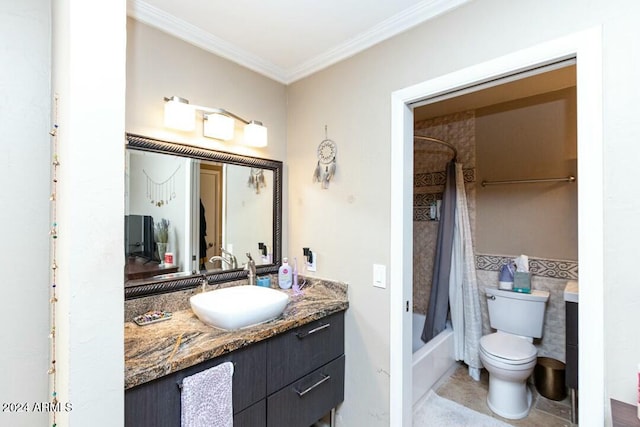 full bathroom featuring shower / tub combo, tile patterned floors, ornamental molding, vanity, and toilet