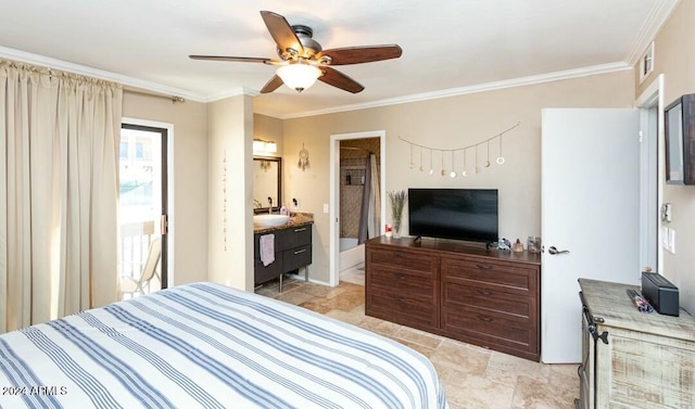 bedroom featuring connected bathroom, ceiling fan, crown molding, and sink