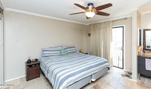 bedroom featuring ceiling fan and crown molding