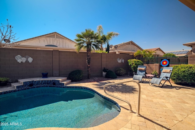 view of swimming pool with a patio area, a fenced backyard, and a fenced in pool