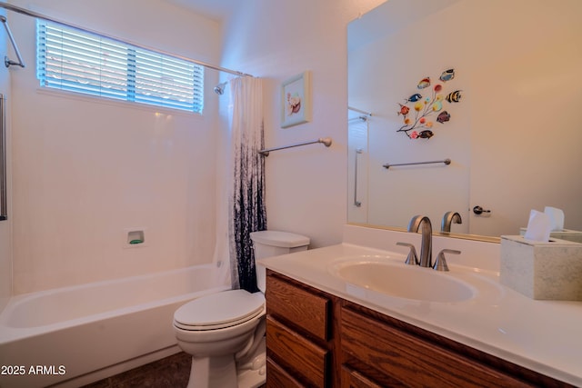 bathroom with shower / bath combination with curtain, vanity, and toilet