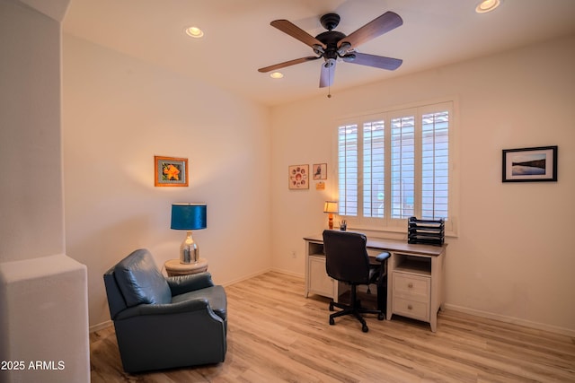 office area featuring light wood-style flooring, baseboards, ceiling fan, and recessed lighting