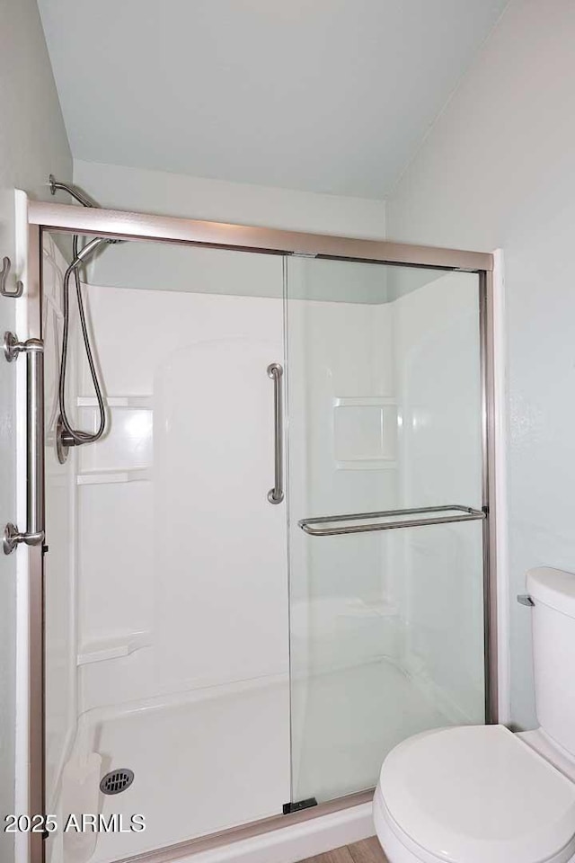 bathroom with toilet and a shower with door