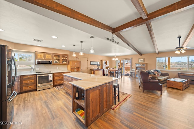 kitchen with hardwood / wood-style flooring, plenty of natural light, and stainless steel appliances