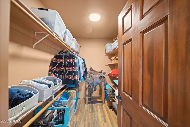 walk in closet with light hardwood / wood-style floors