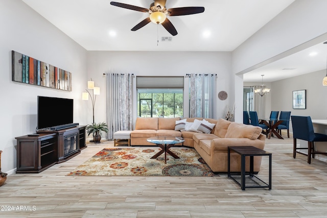 4422 W Adobe Dr, Eloy, AZ 85131 - living area featuring ceiling fan, a chandelier, light wood finished floors, and recessed lighting