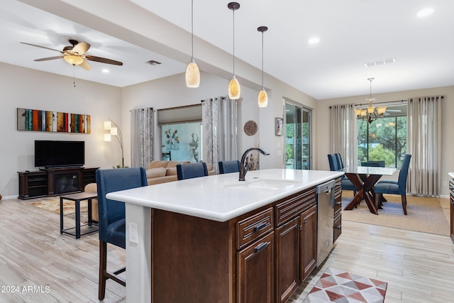 kitchen with pendant lighting, light hardwood / wood-style flooring, and sink