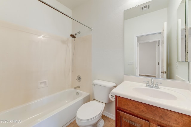 full bath with toilet, shower / tub combination, visible vents, and vanity