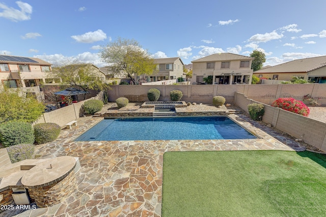 view of swimming pool with a residential view, a patio area, a fenced backyard, and a fenced in pool