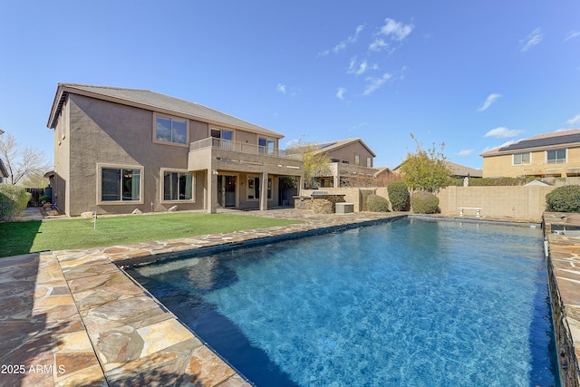 view of swimming pool with a fenced in pool, a patio, central AC unit, and fence