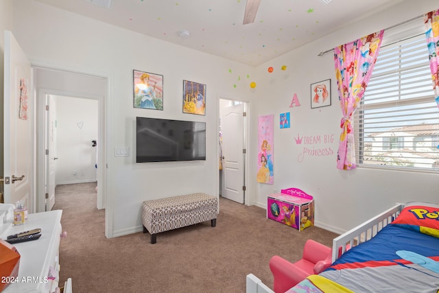 bedroom with carpet floors and ceiling fan