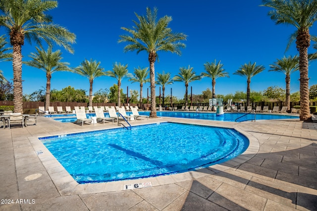 view of swimming pool featuring a patio area