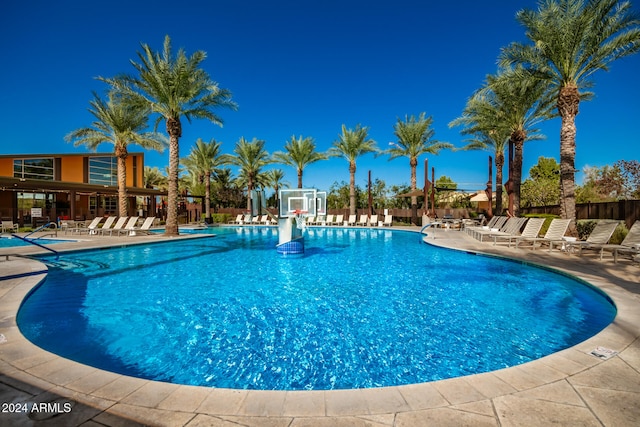 view of swimming pool featuring a patio