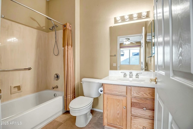 full bathroom with ceiling fan, shower / tub combo, vanity, tile patterned floors, and toilet