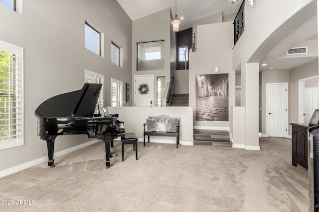 miscellaneous room with a towering ceiling and carpet