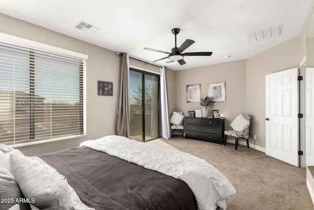 bedroom with ceiling fan, access to exterior, and light carpet