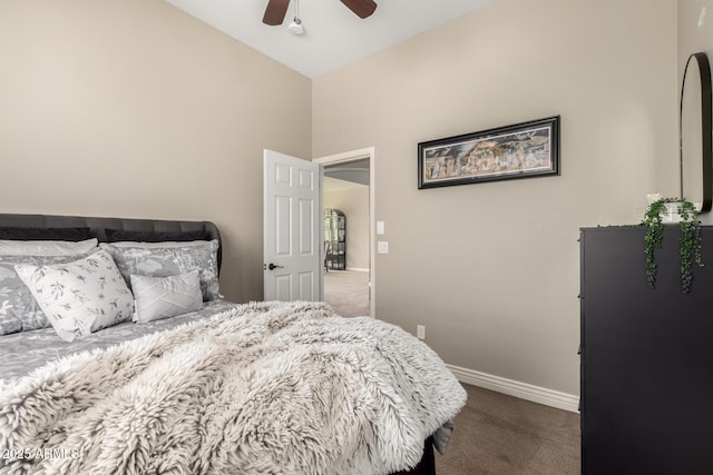 bedroom with ceiling fan and carpet flooring